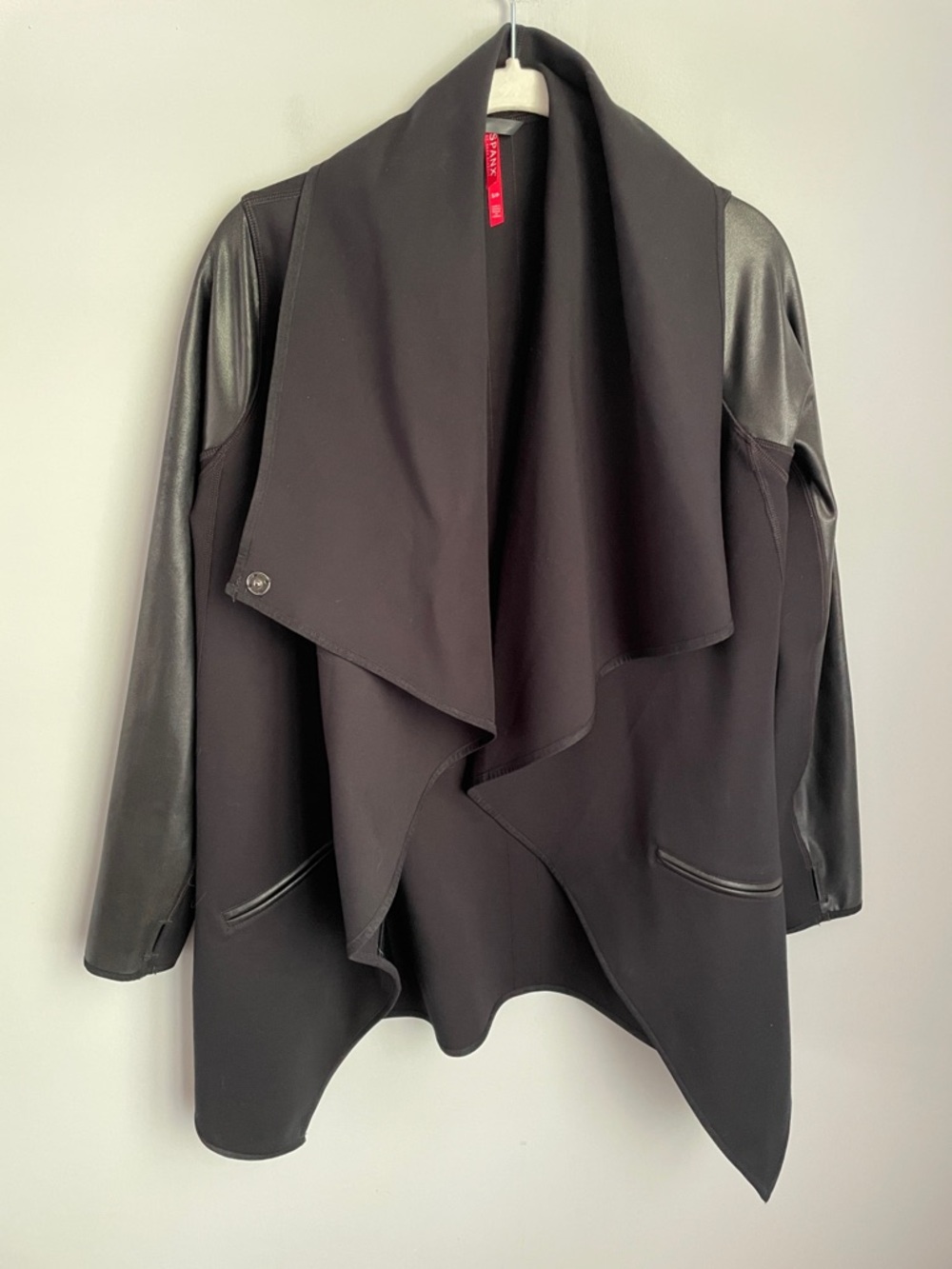 SPANX Black Faux Leather Sleeve Waterfall Draped Jacket Size Small - Picture 4 of 8